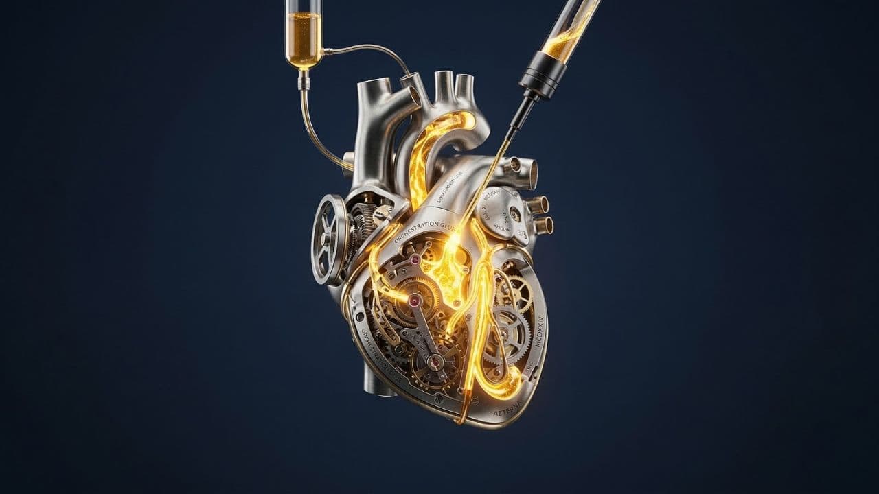 A mechanical human heart built from brushed steel and clockwork, its arteries running with molten gold, fed by two precision instruments. The words "Orchestration Glue" are engraved on the heart