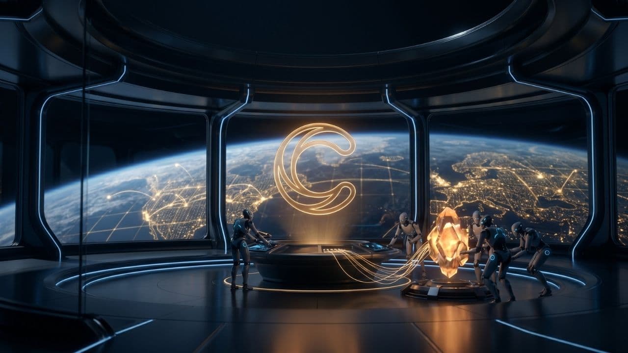 Robotic figures at a curved console in an orbital control room, a glowing gold letter C suspended above it and the lit cities of Earth below