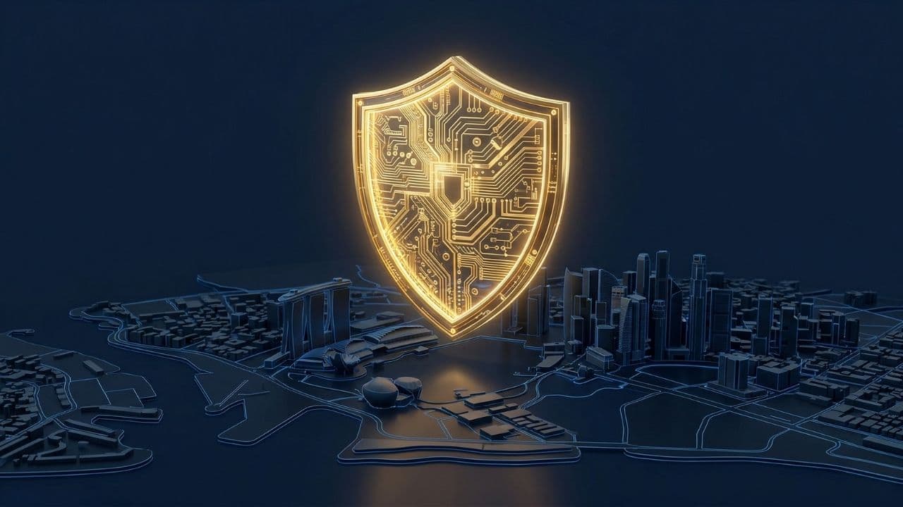 A golden shield built from interlocking circuit lines, glowing above a dark three-dimensional map of a city's business district