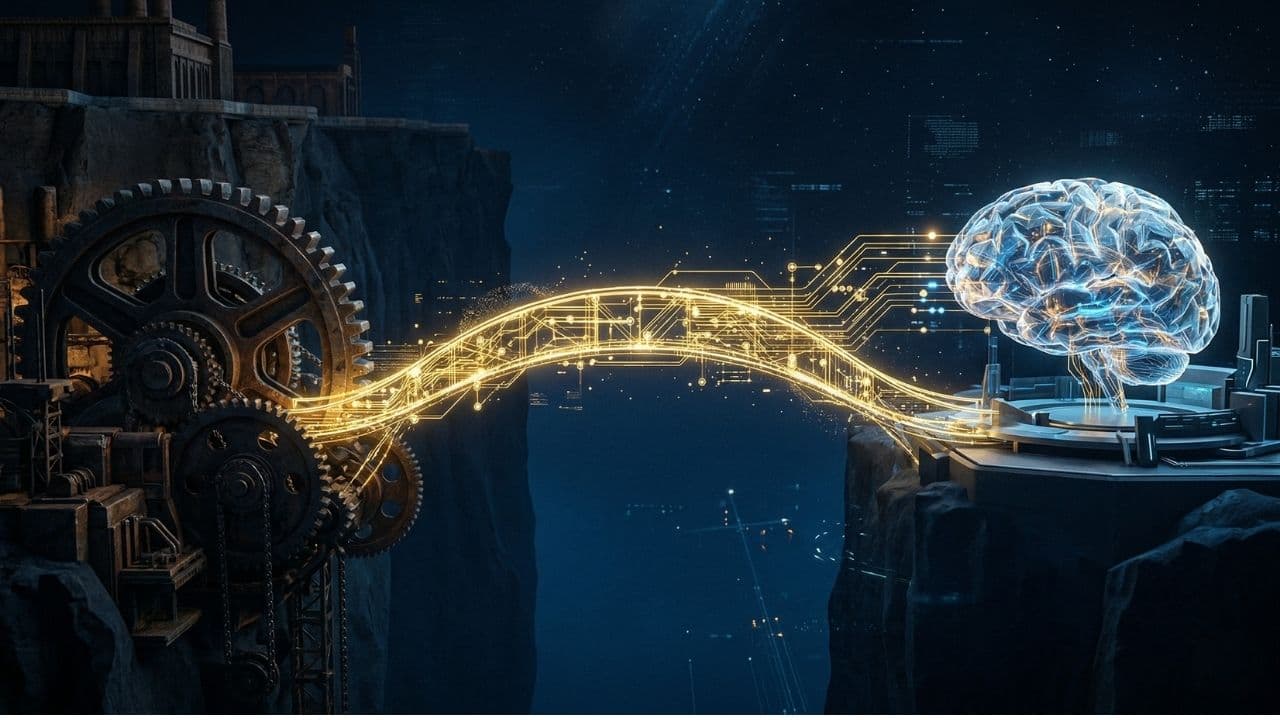 A glowing golden bridge of circuit lines spanning a dark chasm, heavy industrial gears on one side and a luminous crystalline brain on the other