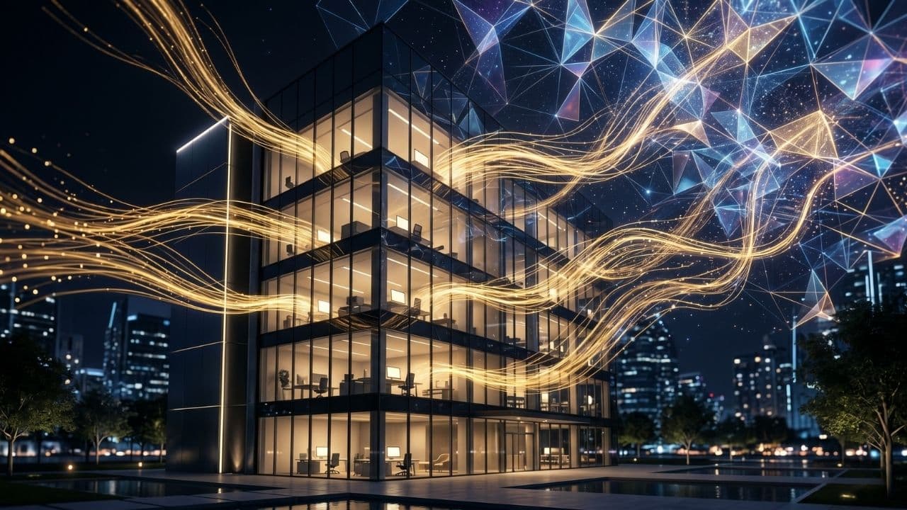 A glass office building at night with streams of golden light flowing through and around it into a crystalline digital structure